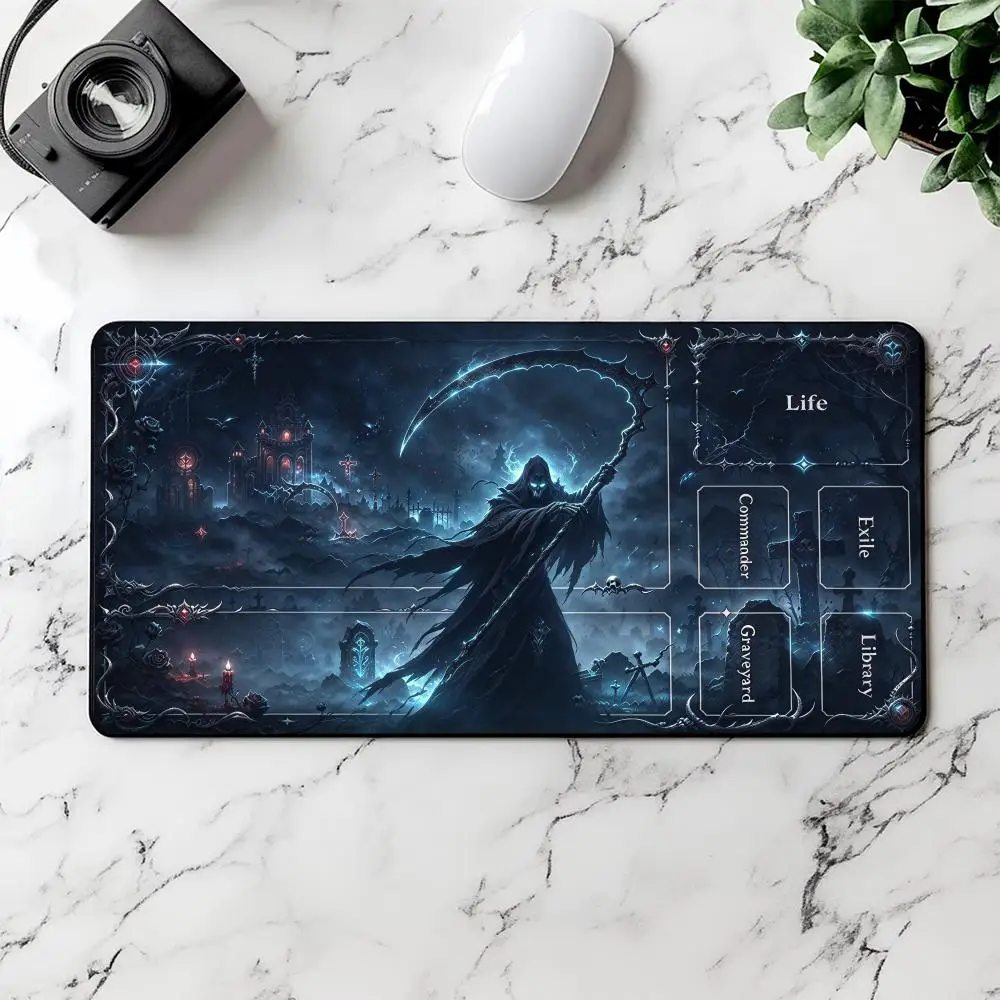 Grim Reaper TCG Playmat, Gothic Moonlit Graveyard 60X35cm  Non-Slip Rubber Base Stitched Edge Table Mat for Card Game Desk pad