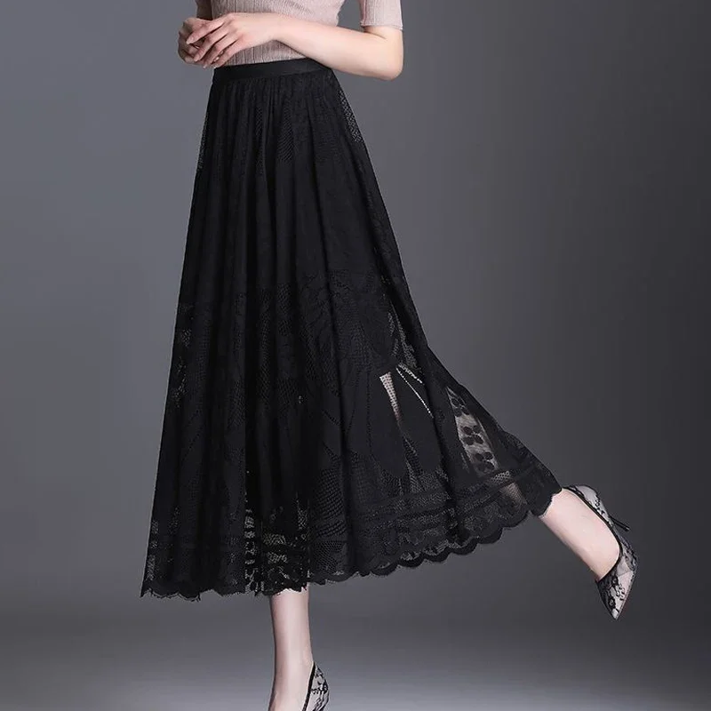 Elegant Lace Patchwork Black Skirts Spring Summer New Solid Loose Hollow Out A-line Skirt Fashion Temperament Women Clothing