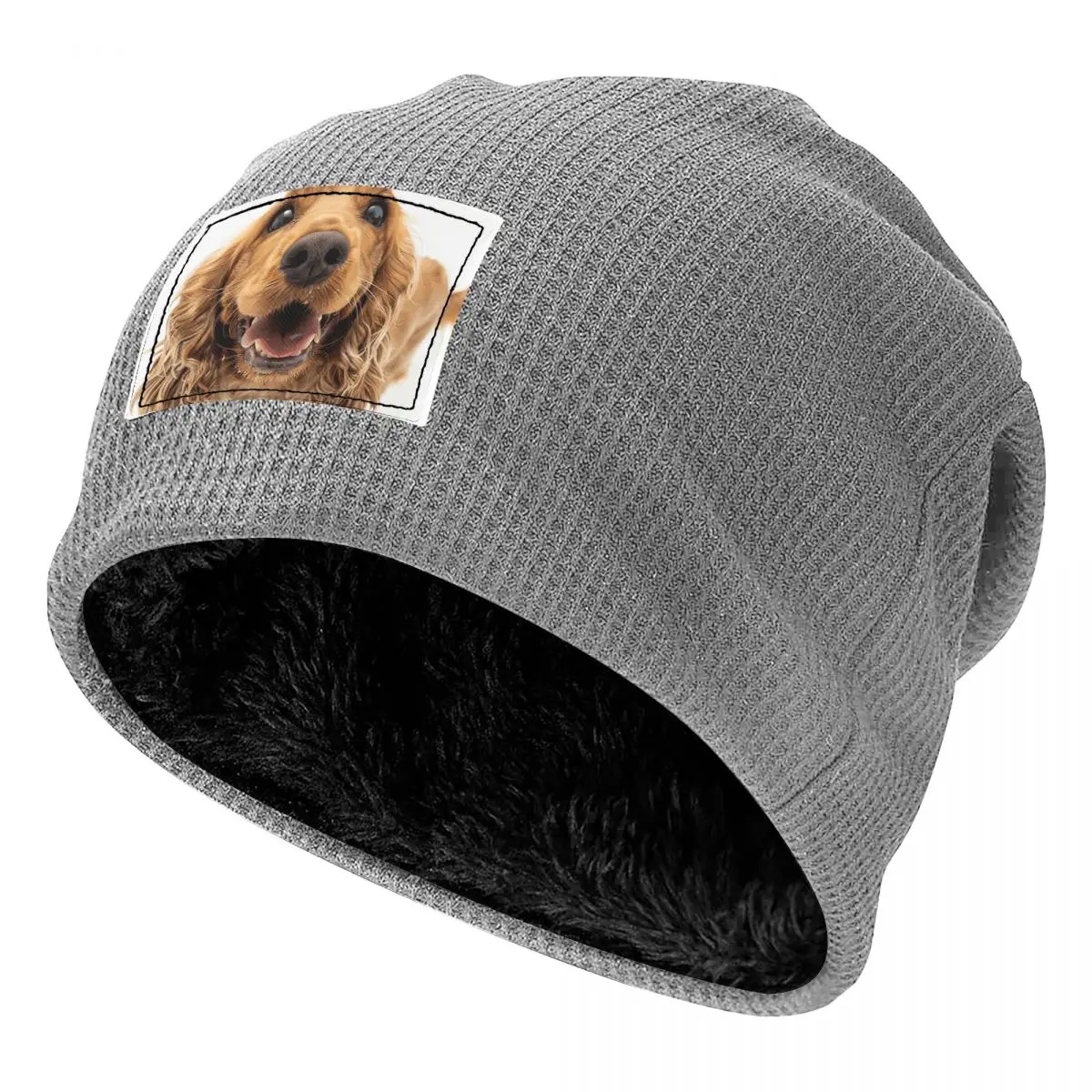 Tail Wagging Wisdom_ Nurturing Your Cocker Spaniel Spirit Waffle Fleece Lined Beanie with PU Leather Patch Warm Winter Soft Cap
