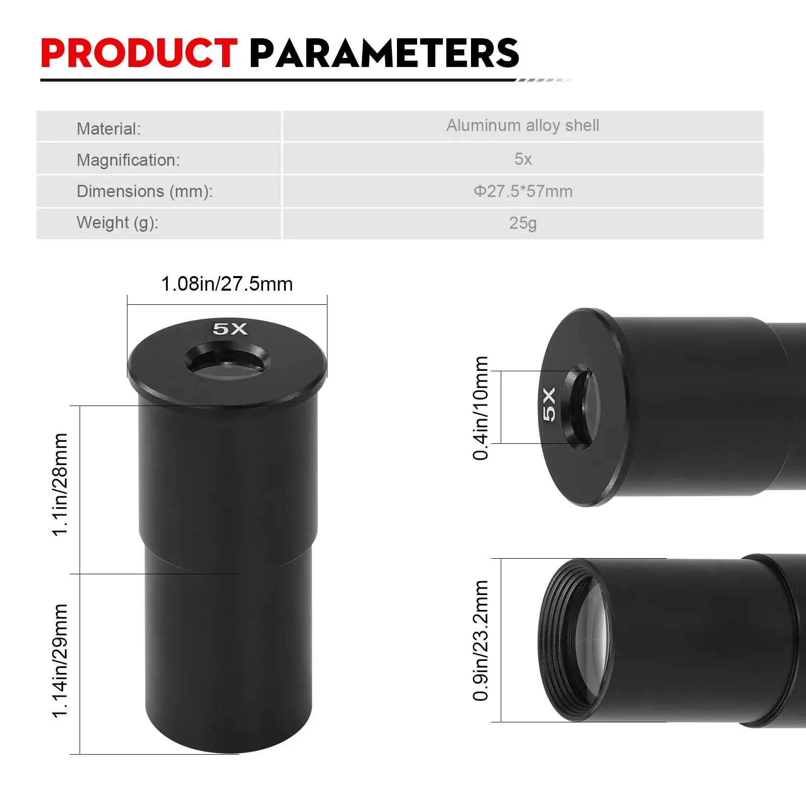 Datyson 5X Microscope Eyepiece 23.2mm Aluminum Alloy High Definition Optical Lens for Biological Microscope Observation
