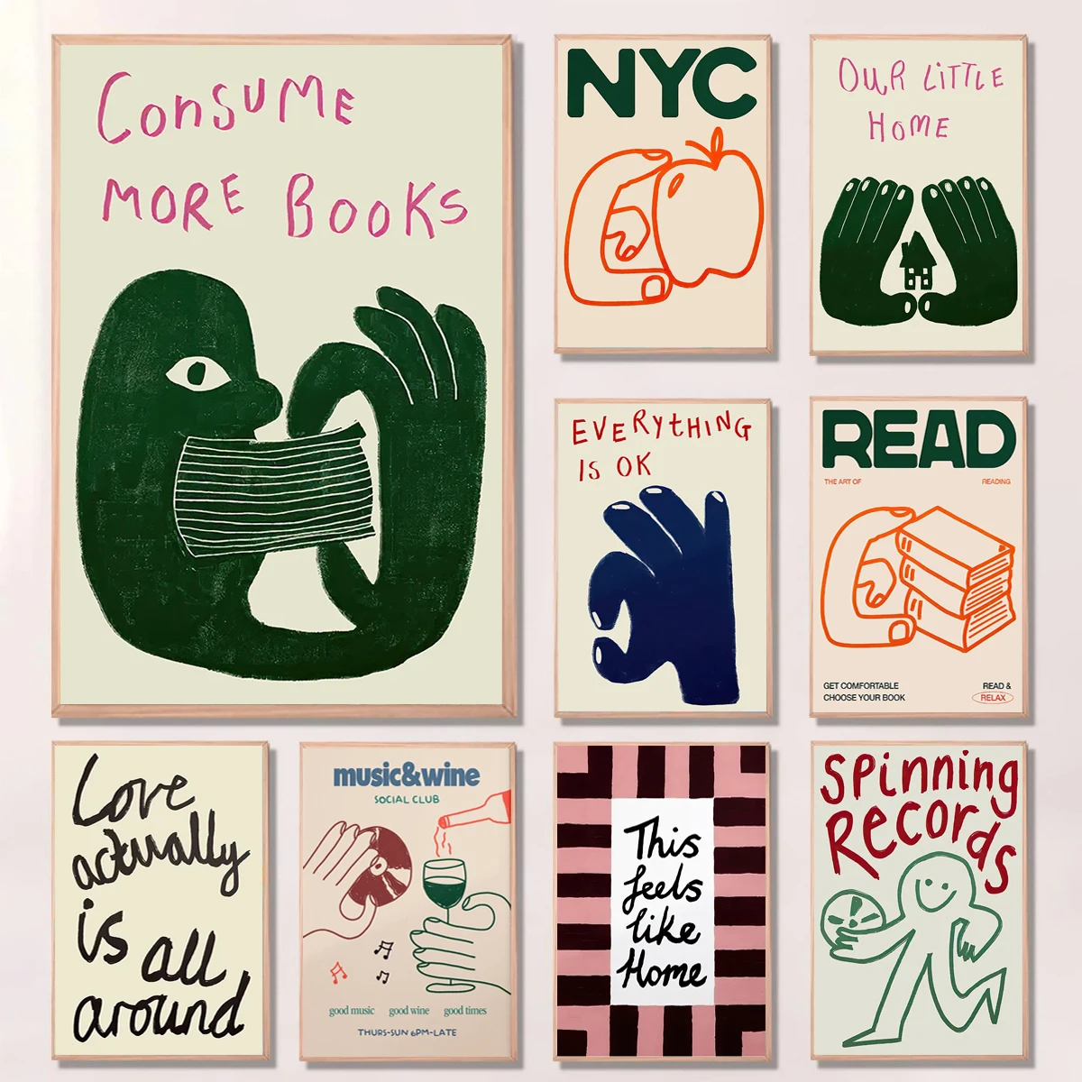 Interessantes Schild „Mehr Bücher“ Abstrakter Leinwanddruck Poster Handgezeichnete Illustration Kunstdrucke Wandkunst Wohnzimmer Deko Heimdekoration