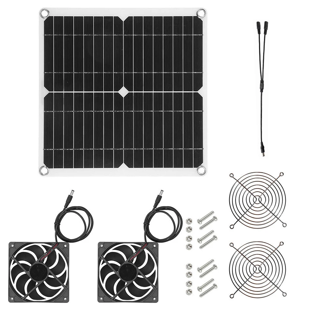 

12V Solar Panel Powered Fan Set Mini High Conversion Cooling Device Air Extractor Double Fans Dog Chicken House