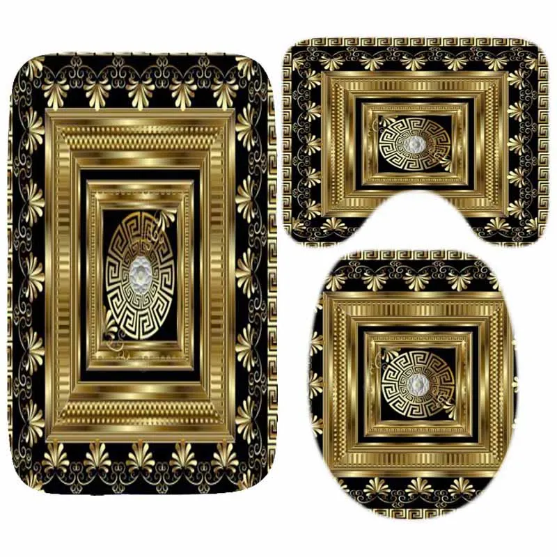 3PCS Luxury Black Gold Greek Key Pattern Bath Rug Set Geometric Meander Bathroom Mat Floor Carpet Toilet Accessories Home Decor