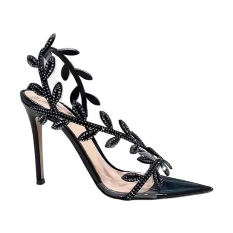 PVC Crystal High Heels Sandals Pointed Toe Shoes Woman 2025 Trend Summer New Sexy Dress Party Slingback Pumps Designer Sandalias