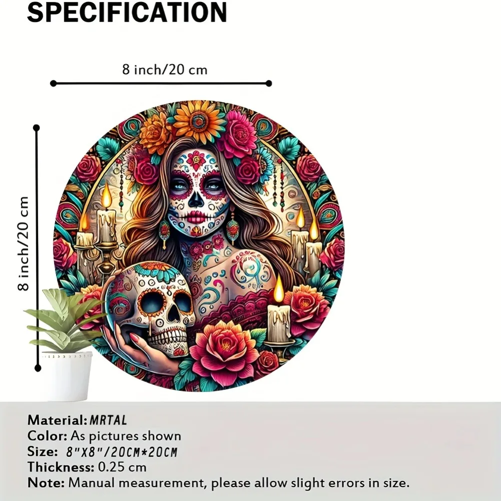1pc 8-Inch Round Frameless Iron Wall Art - Traditional Mexican Sugar Skeleton Design, Vintage 2D Metal Sign, Ideal for Home/Bar view 3