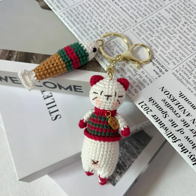 Niedlicher gehäkelter Katzenanhänger, kreativer gestrickter Katzen-Schlüsselanhänger, handgefertigter gewebter Tier-Schlüsselring, Rucksack-Deko-Geschenk – Detail 3