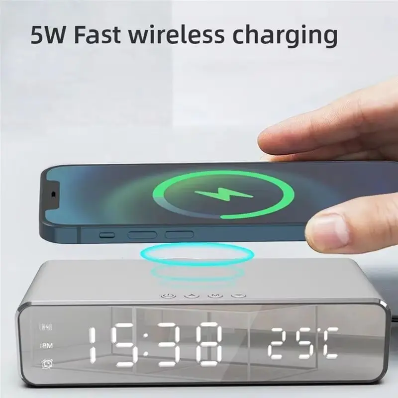 Wireless Time Alarm Clock LED Digital Thermometer Earphone Phone Chargers Fast Charging Dock Station