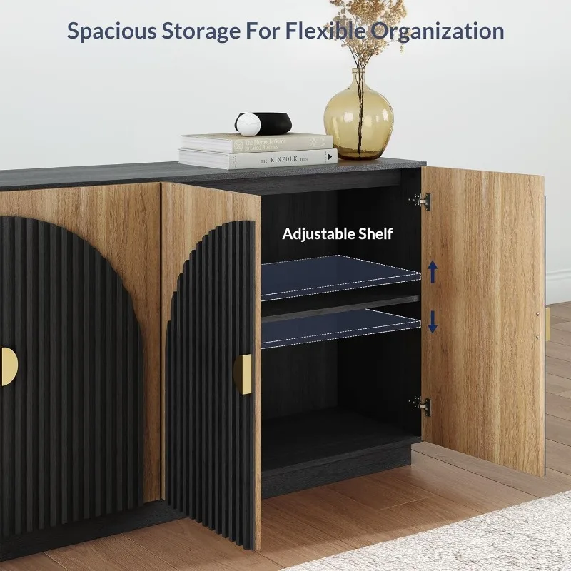 65 Inch Fluted Buffet Cabinet with Storage, Console Table for Dining Room, Kitchen, and Living Room (Camel)