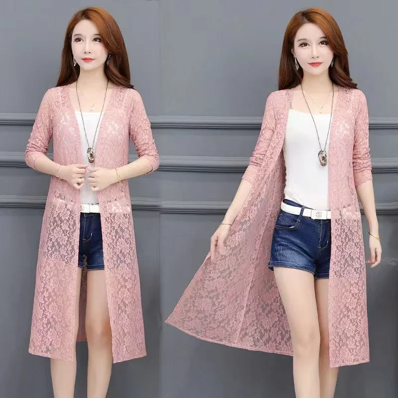 Elegant Knitted Lace Cardigan Women Long Sweater Solid Cardigan 2024 Autumn Winter Crochet Loose Office Lady Long Coat