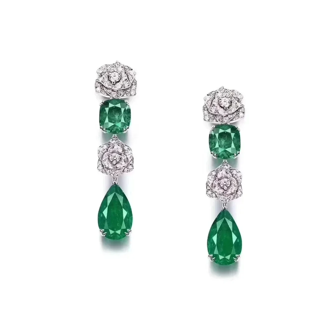 

Cmajor 925 Sterling Silver Jewelry Emerald Lab-Diamond Stone Rose Long Drop Earrings Gift for Women