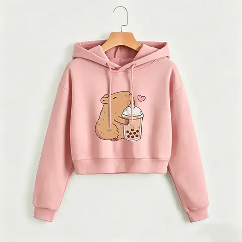 Cartoon Y2k Capybara Print Cropped Sweatshirt Crop Top Hoodie Sweatshirts Casual Style Clothes  Autumn Winter