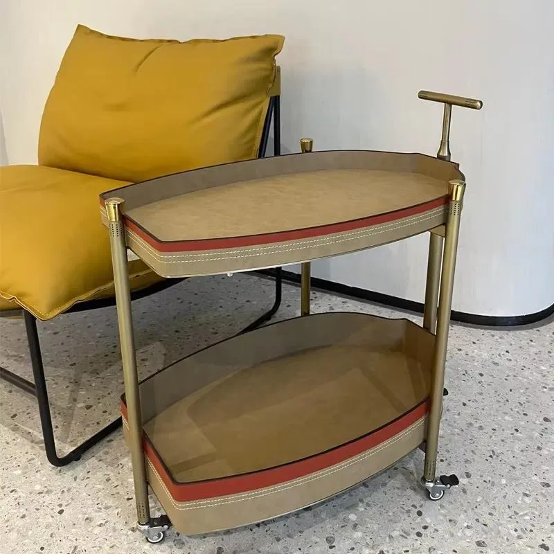 Modern Removable Sofa Side Table Stainless Steel Frame with Wheels Rotating Creative Saddle Leather Living Room Trolley