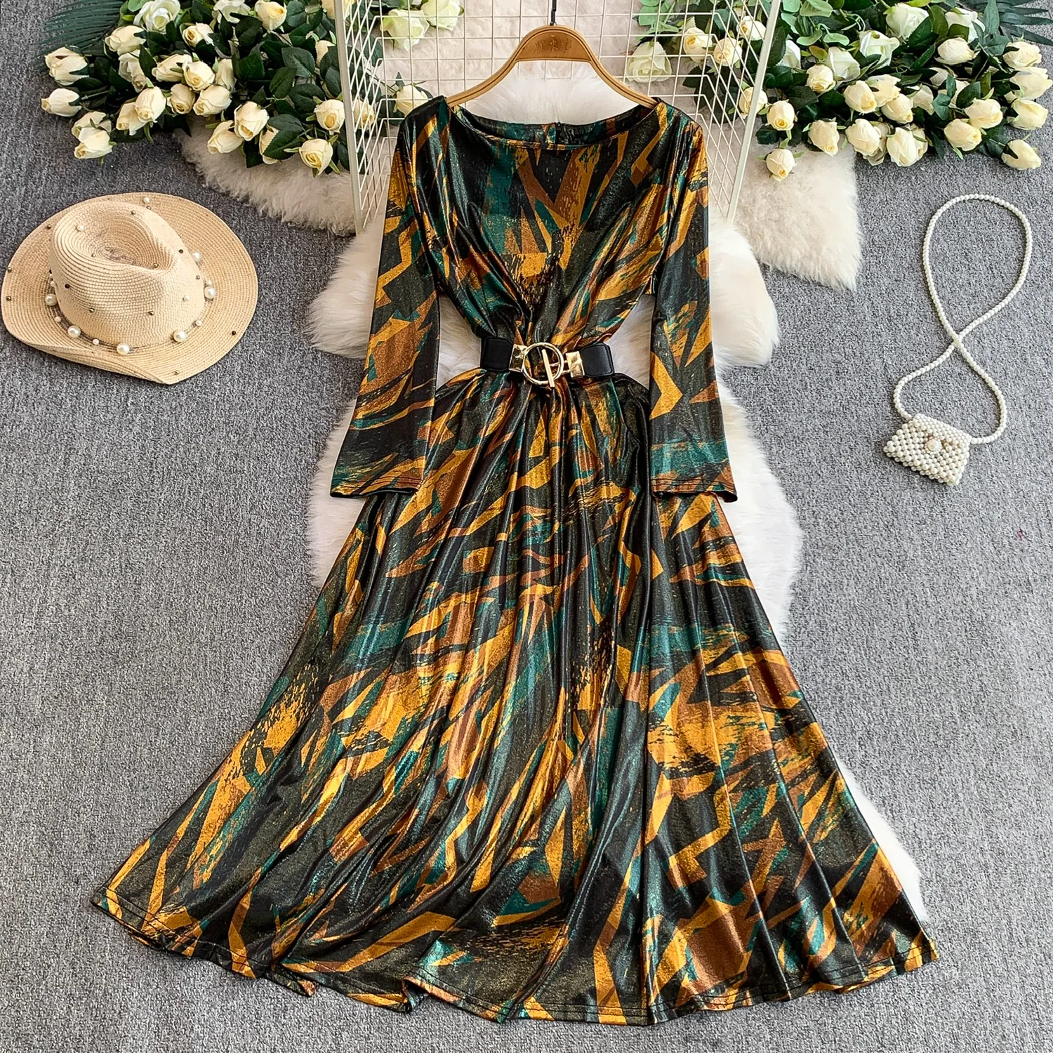 Abito slim con stampa in chiffon a maniche lunghe vintage chic Elegante fata moda coreana Boho Sundress abbigliamento donna