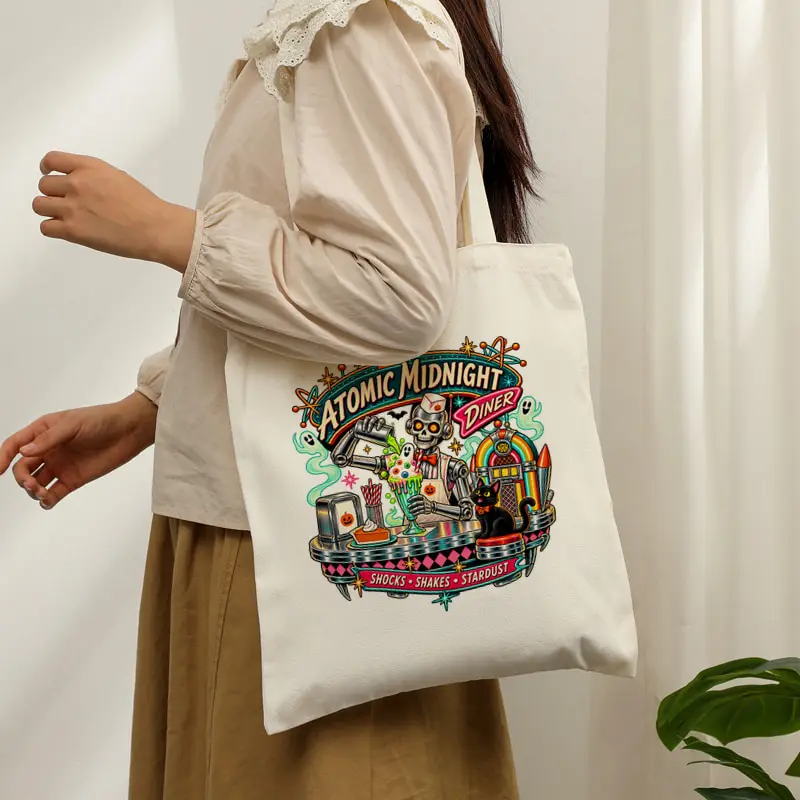 Atomic Midnight Diner Tote Bag Retro Skeleton Diner Black Cat Print Shoulder Shopping Bag Gothic Halloween Casual Daily Handbag
