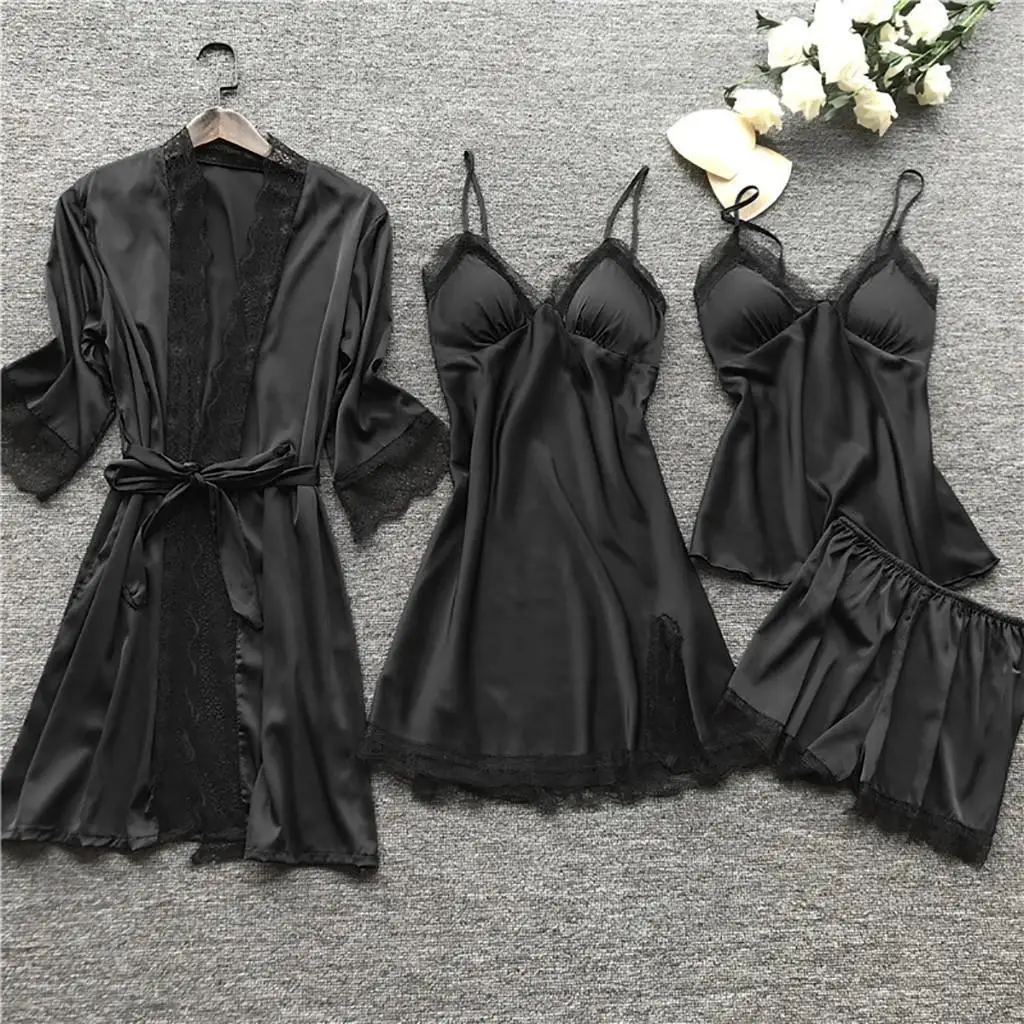 

Women's Four-piece Sexy Pajama Set Korean Style Homewear Suspender Nightgown Ladies Home Clothes with Chest Pad Cozy Nightgown