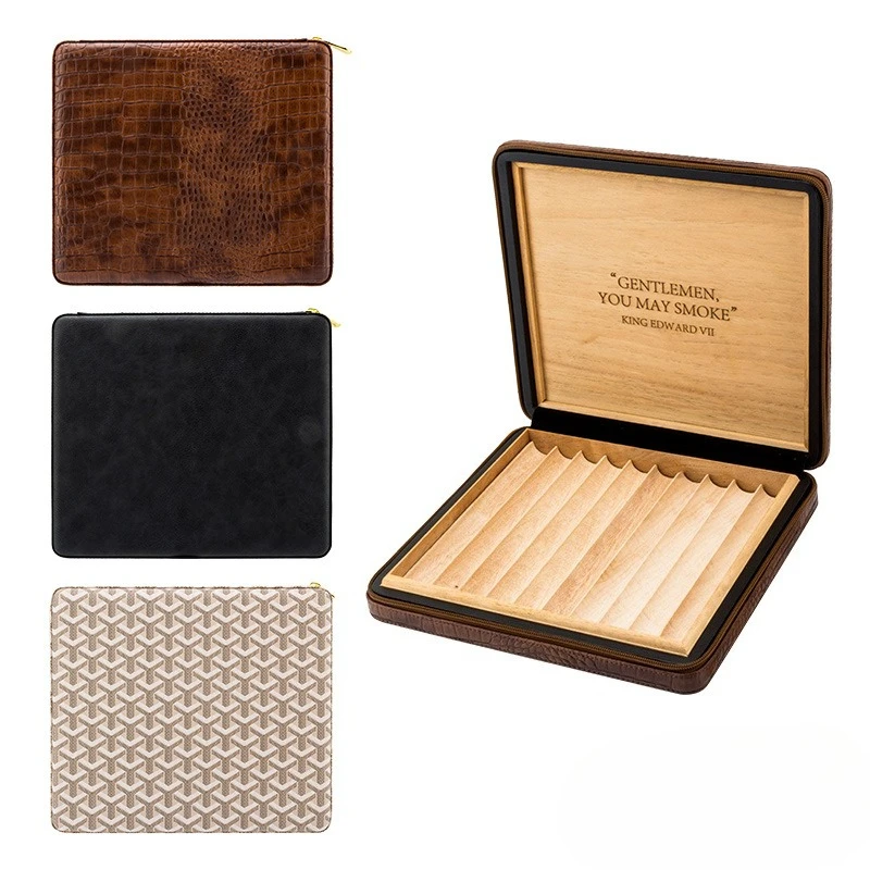 Portable cigar humidifier. The leather cedar zipper humidor gift box can hold 10 cigars