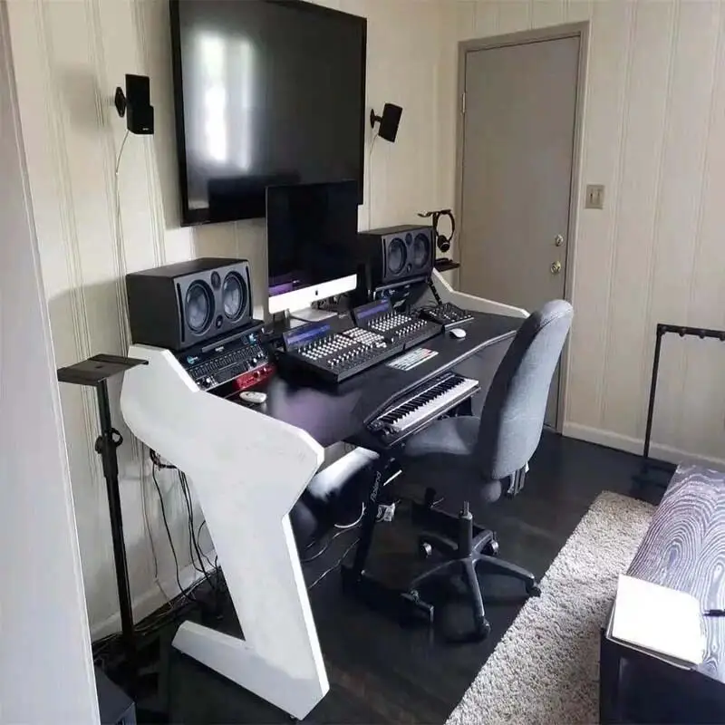 Solid Wood Studio Desk for Music Production, Ergonomic Home Recording Studio Workstation with Pull-Out MIDI Keyboard Tray