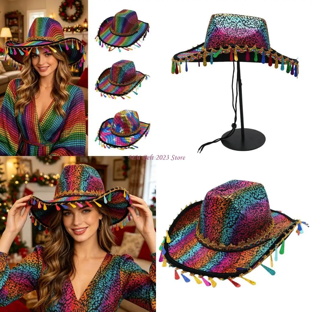 49ME Holiday Theme Hat with Rainbow Print and Fringe Trim for Music Festival Wear