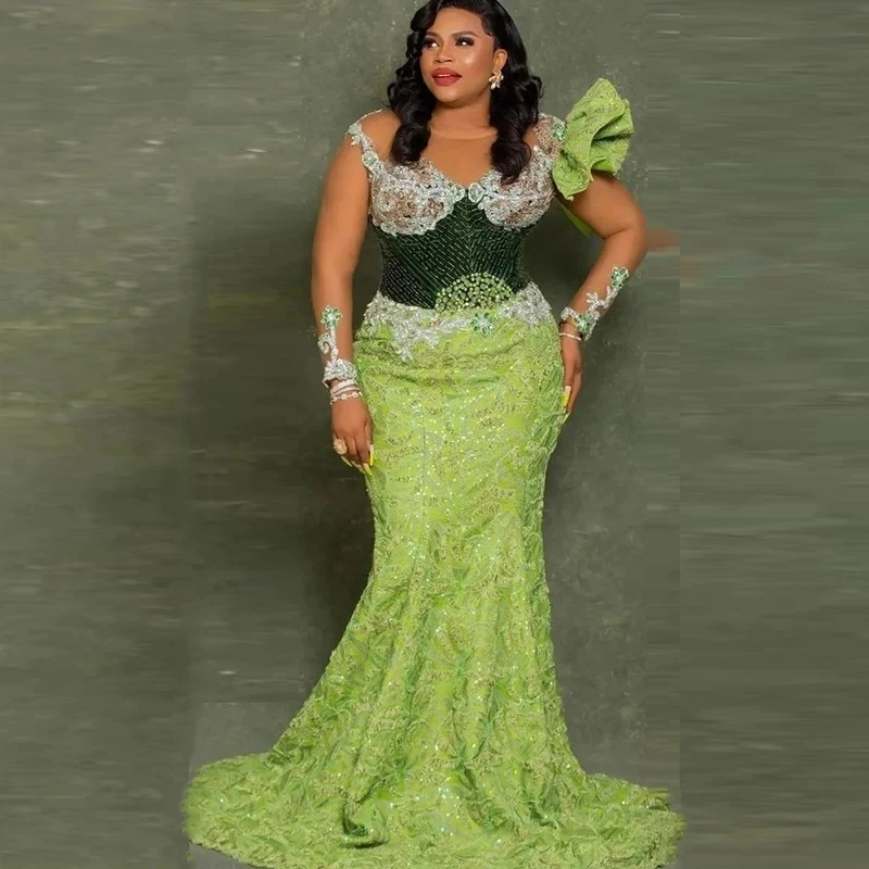 Green Lace Mermaid Prom Dresses Aso Ebi Style Robe Sheer Neck See Through Long Sleeves Lace Appliques Beaded Evening Gowns 2025
