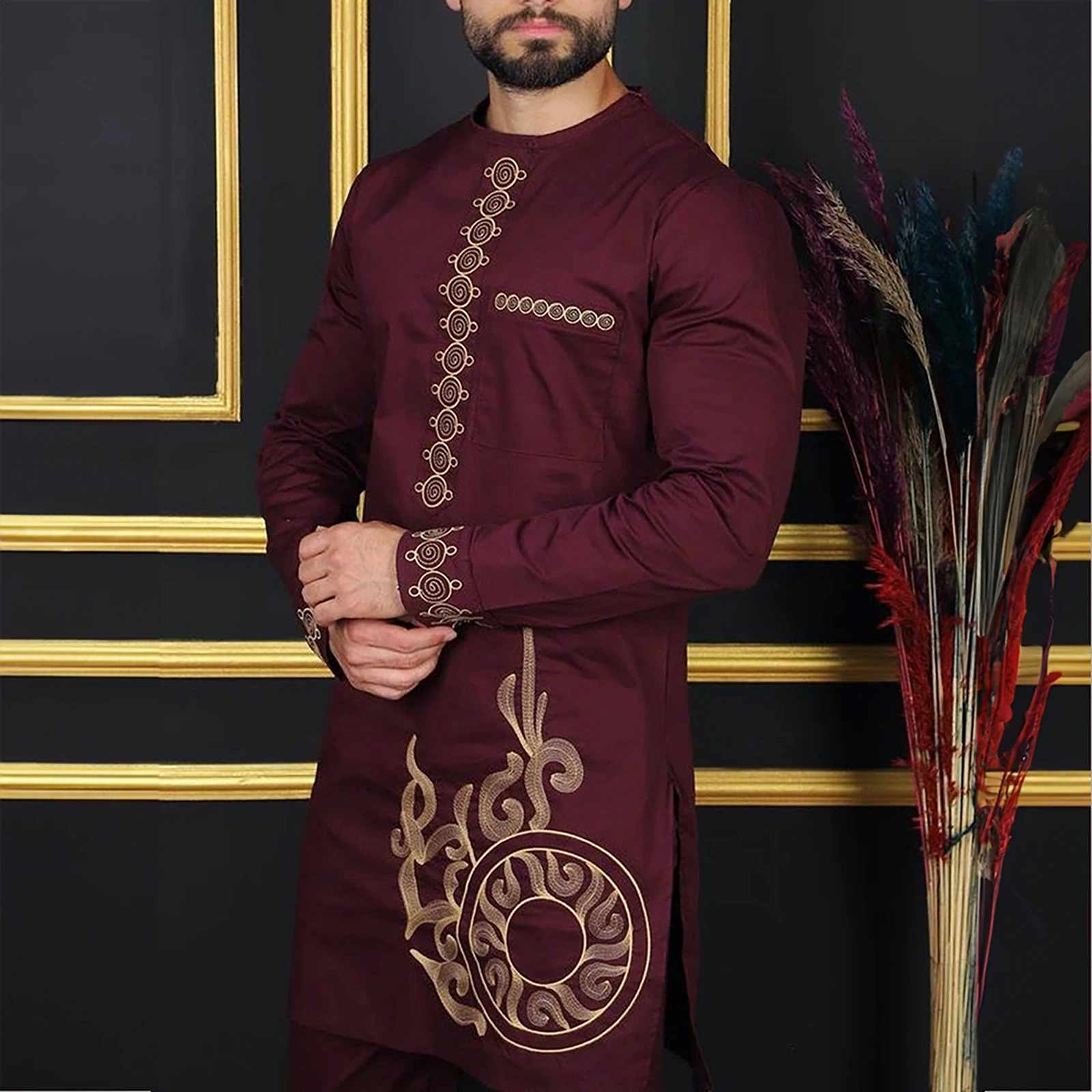 New In Dashiki 2 PCs Suits Abaya Men\'s Clothing Shirt Pant Set Long Sleeve Elegant African Ethnic Style Round Neck Suit Kaftan