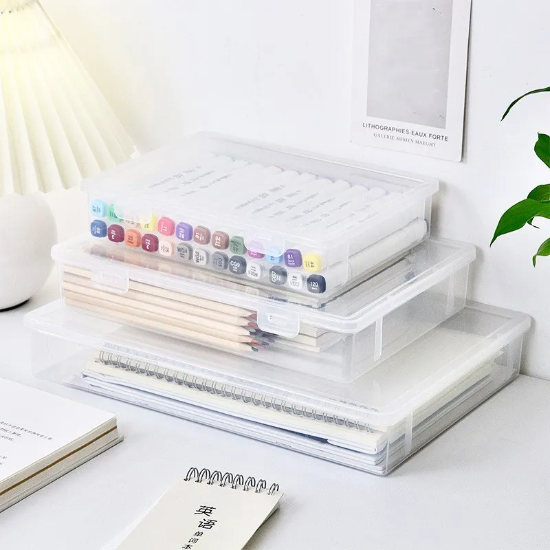 A4 File Storage Box Transparent Portable Document Organizer Dust-proof Plastic Stationery Storage Case Office Desktop Supplies