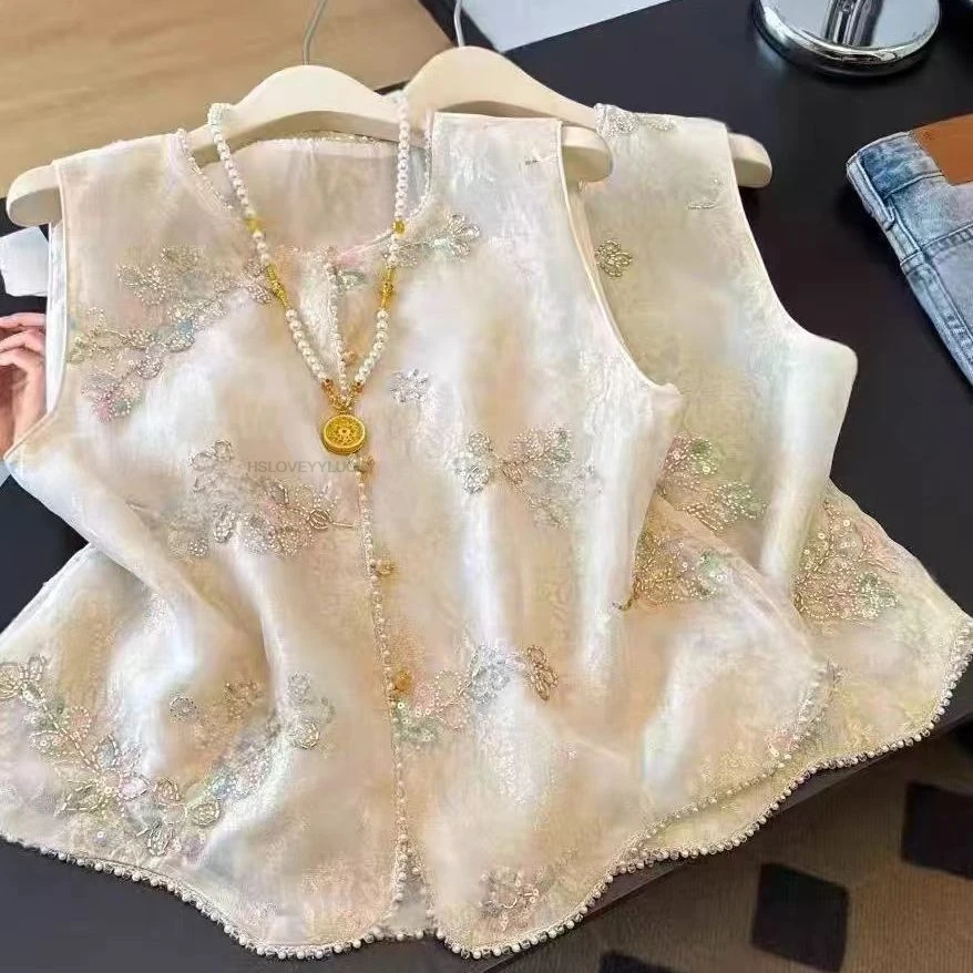 

New Chinese Style Waistcoat Vests women's Spring Buckle Outside Vest Jacket Women Embroidery Lady Women Tangsuits Daily Vest