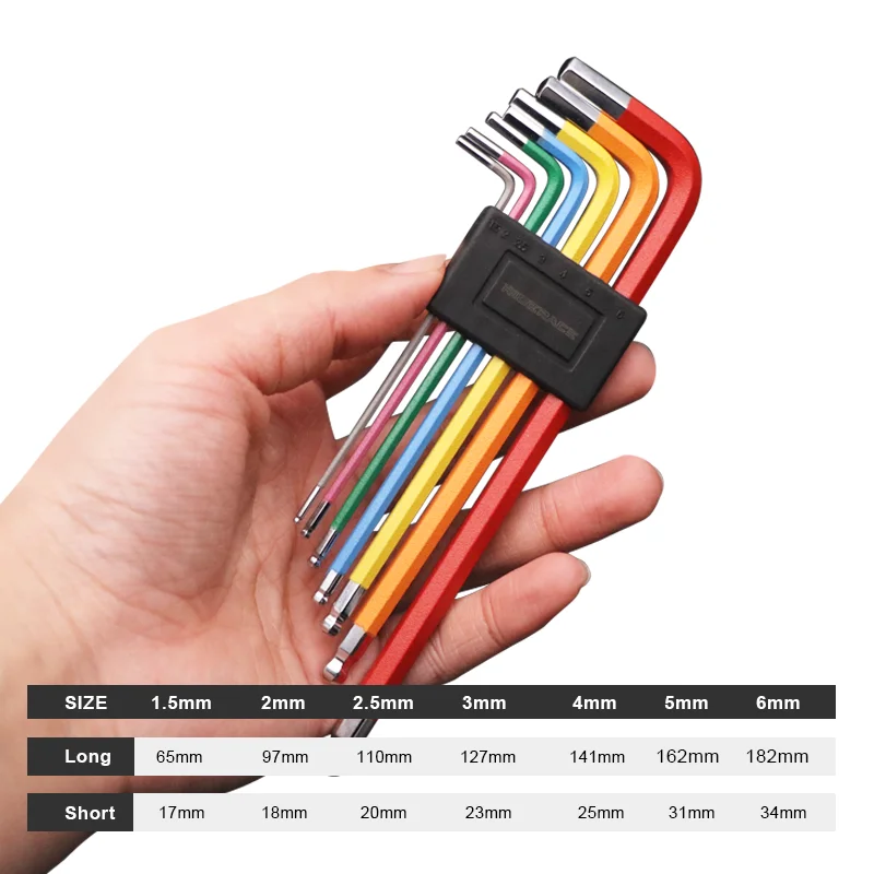 7Pcs Bicycle Hex Key Set Color Coded Ball-end Hex Allen Key L Wrench Mountain Road Bike Repair Tool Opening 1.5/2/2.5/3/4/5/6mm