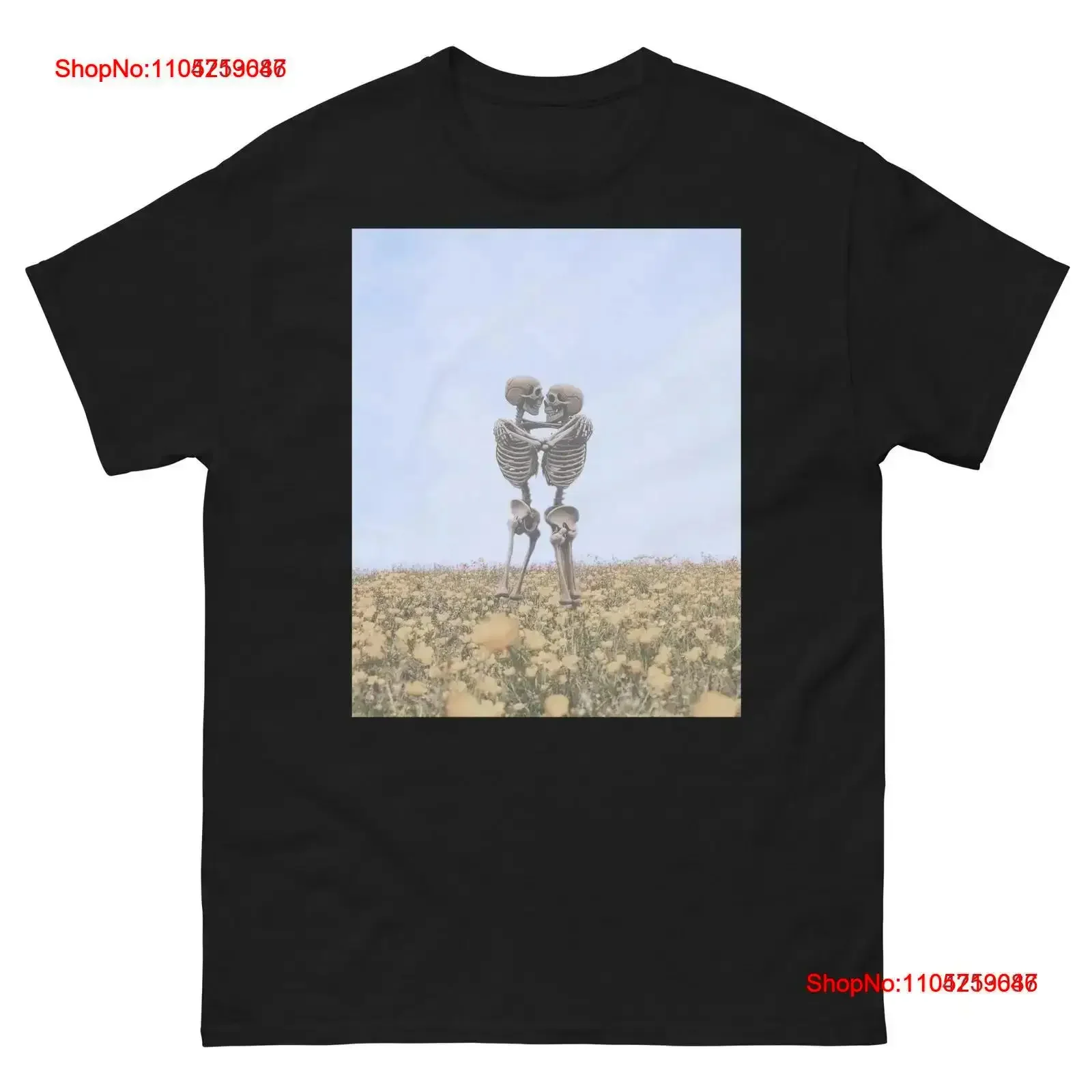 Hugging Skeletons T Shirt Love Beyond Life In A Field Of Flowers vintage Washed Stylish fashion Comfortable Breathable vintage
