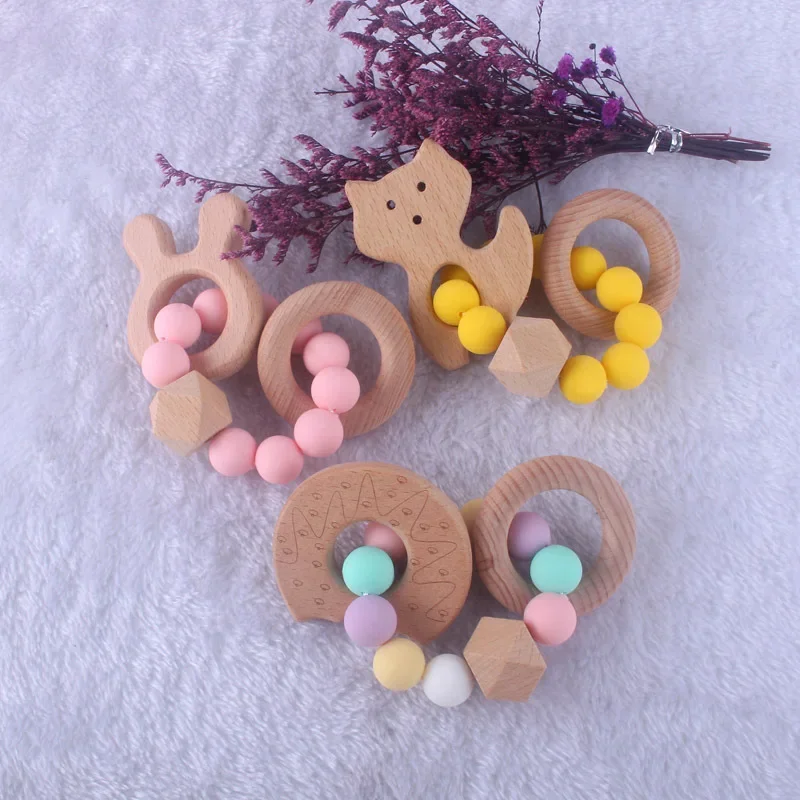 Kissteether Animal Shape Wooden Baby Teething Toy Wood Ring Baby Silicone Nursing Bracelet Montessori Educational Teether Toy