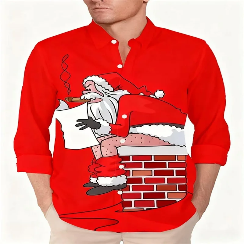 

2025 Christmas Elements Green Naughty Bad Santa Claus Printed Men's Long Sleeve Shirt Party Family Gift