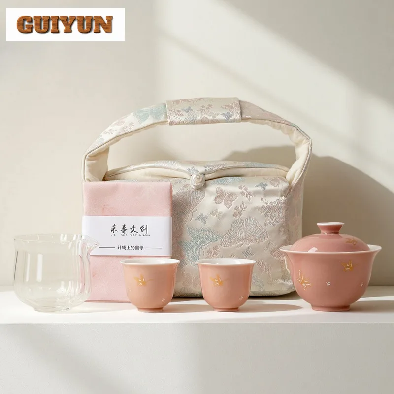 

Ручная роспись бабочка, дорожный чайный сервиз, креативный 1 миска, 2 чашки, органайзер для чайника, портативная сумка для пикника, посуда, принадлежности