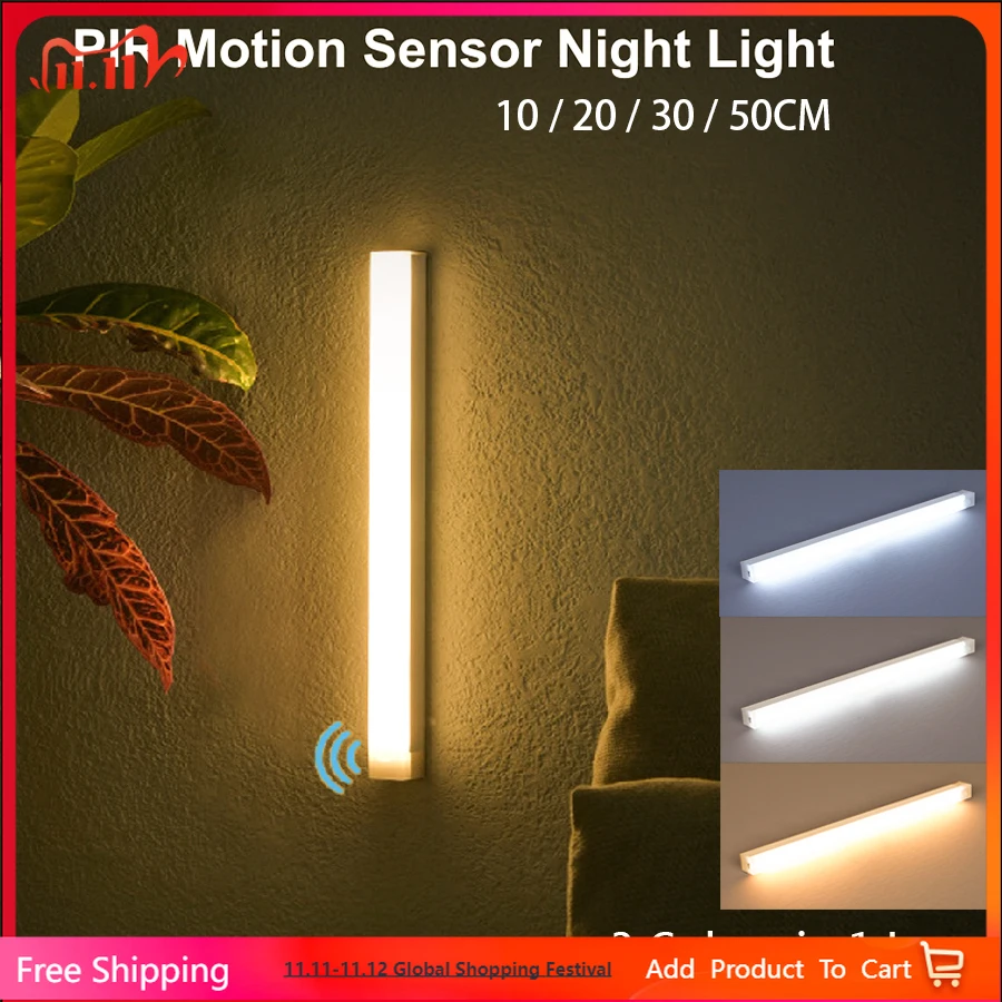 USB Rechargeable Wireless LED Bar Light with Motion Sensor Magnetic Night Light for Kitchen Portable Cordless Cabinet Lamp