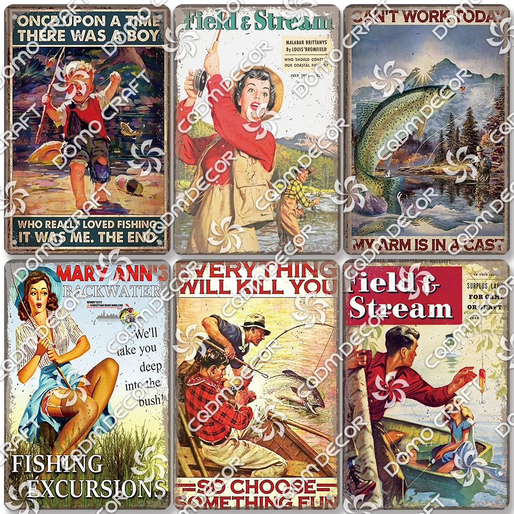 Hunting & Fishing Vintage Poster, Metal Tin Signs, Retro Field & Stream Metal Plaque, Fishing Club, Farmhouse, Home Wall Decor