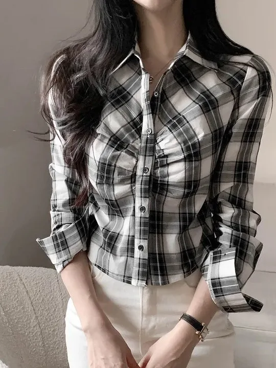 

Корейская женская рубашка в клетку с длинным рукавом, приталенного кроя, в стиле ретро, укороченная, для весеннего сезона, модная повседневная хлопковая рубашка