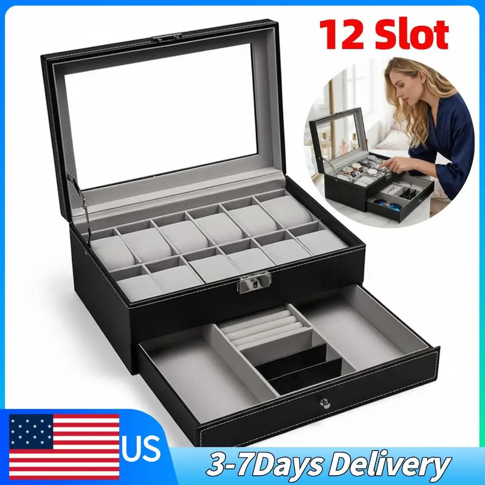 

Exquisite Watch Storage Box 12 Slot 2-Layer Watch Display Case Organizer with Drawer & Glass Lid Women's Men's Travel Gifts