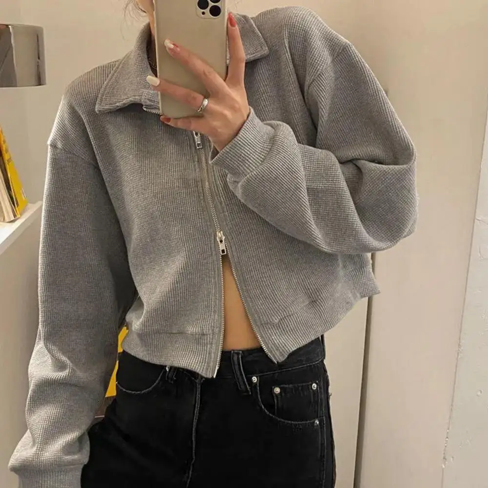 

Lightweight Women Jacket Autumn Winter Women's Coat Waffle Texture Zip-up Jacket Long Sleeve Casual Outwear with for School