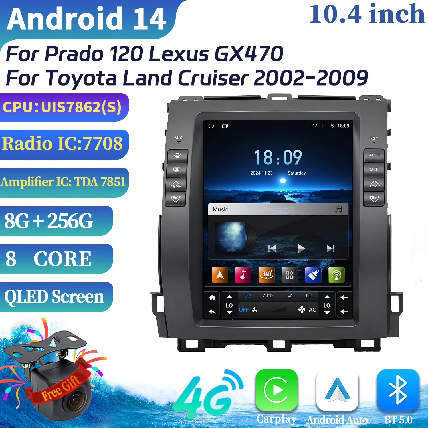 

10.4"For Prado 120 Lexus GX470 For Toyota Land Cruiser 2002-2009 Android Navigation CarPlay Car Radio Multimedia Screen Stereo