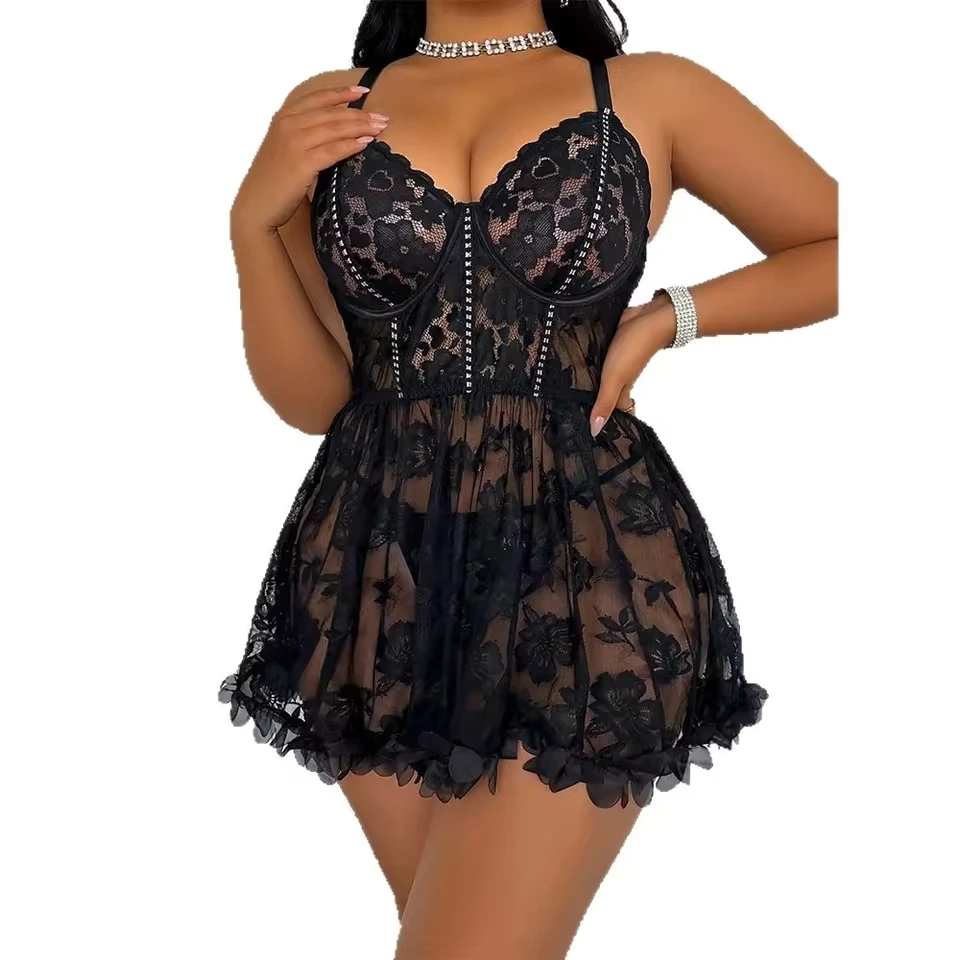 

Womens Plus Size Lace Sheer See Through Exotic Lingerie Nightgown Babydoll Nightwear Temptation Hot Sensual Complete Set XXX