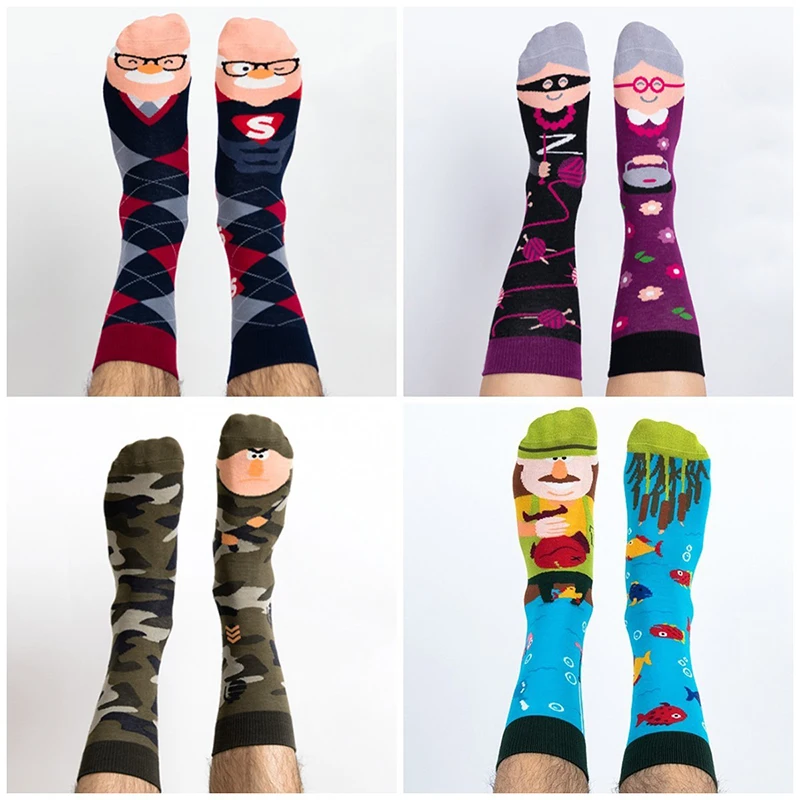 Chic Cartoon Grandma Grandpa Soldiers Fisher Crew Cotton Socks Unisex Women Men Couple Long Socks Gifts Dropshipping Wholesale