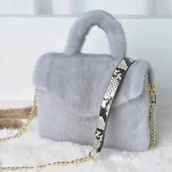 New Luxury Whole Mink Leather Handbag, Cowhide Snake Design Chain Crossbody Bag, Classic Soft Handle Furry Wrist Bag