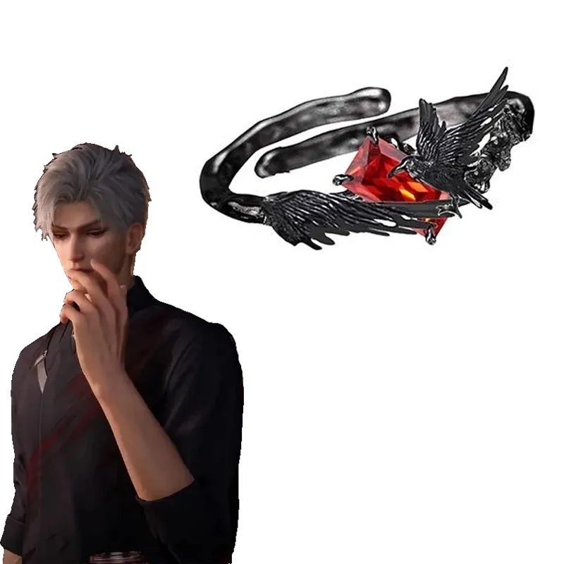 Game Love And Deepspace Sylus Crow Cosplay Ring Unisex Alloy Adjustable Opening Red Gem Rings Punk Jewelry Accessories Prop