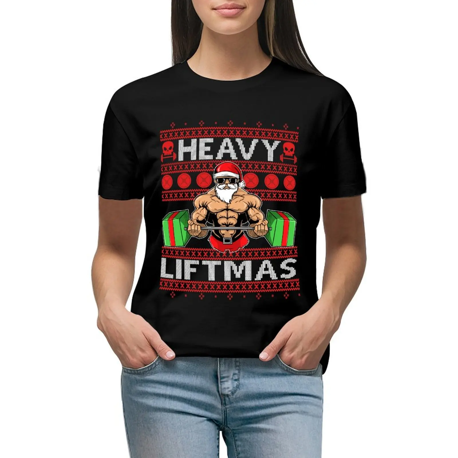 

HEAVY LIFTMAS Xmas Ugly Christmas Gym Sweater Design T-Shirt korean fashion graphics rock and roll t shirts for Women