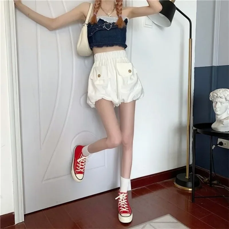 Shorts Women Lovely Preppy Style Ins Fashion Pockets Design Solid Simple Cute Stylish Harajuku Elastic High Waist Casual Korean