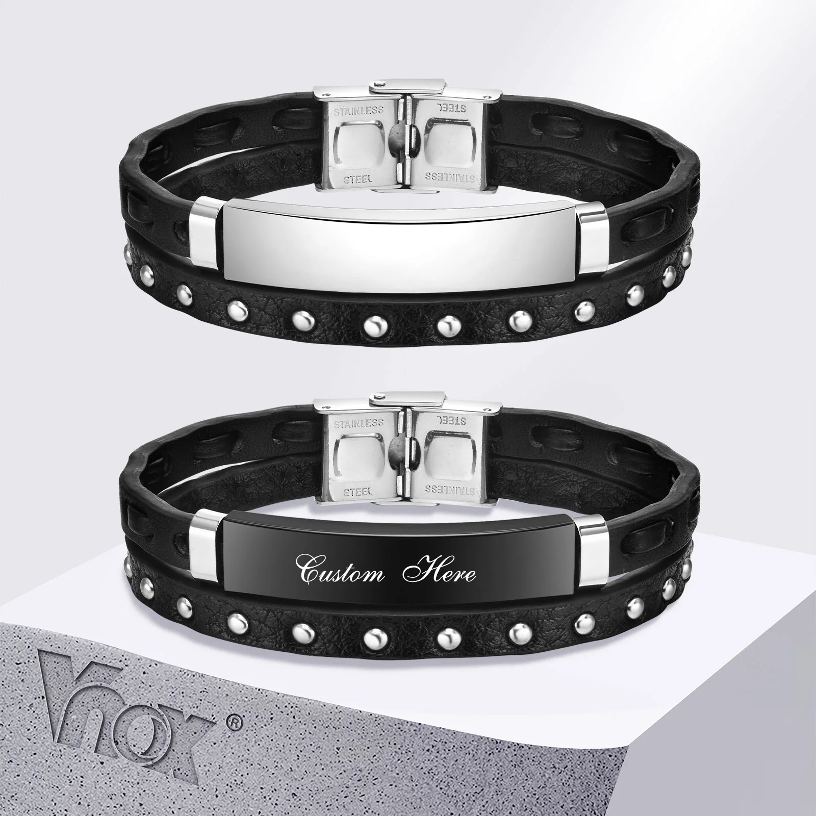 

Vnox Cool Rivet Leather Bracelet for Men, Free Personalized Name Bangle, Motivation Encouragement Wristband Gift to Son Him