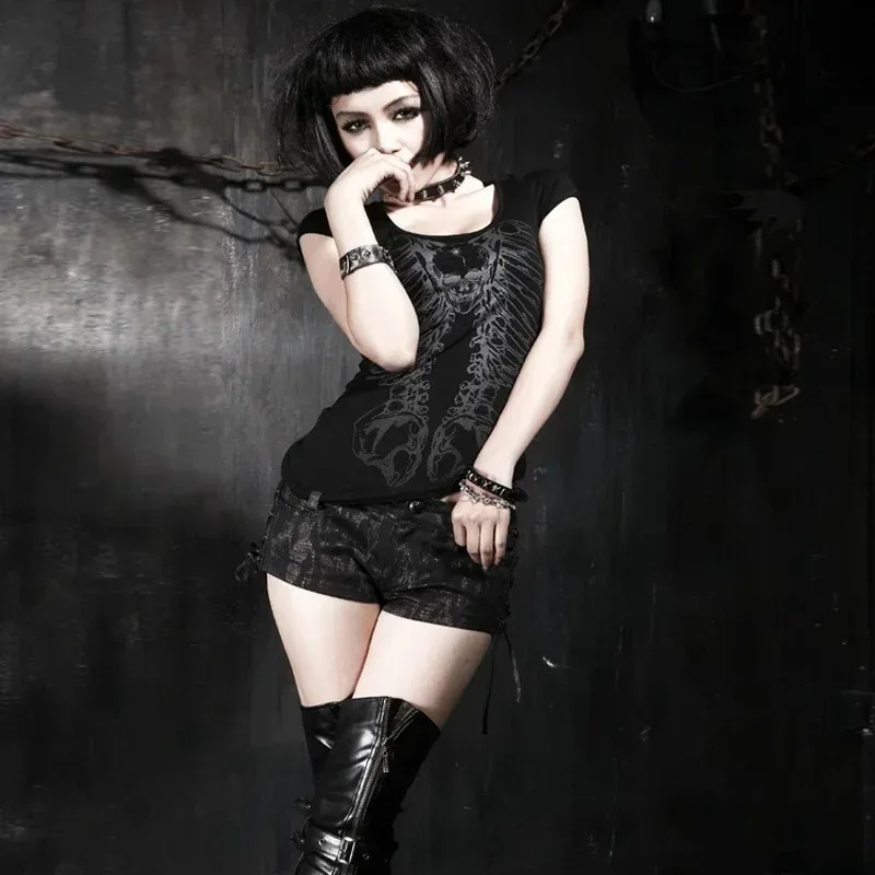 

Punk Girls Club Hollow-out Summer Black Slim Skull Print T-Shirt Gothic Popular Visual Sexy Cotton Tees Top