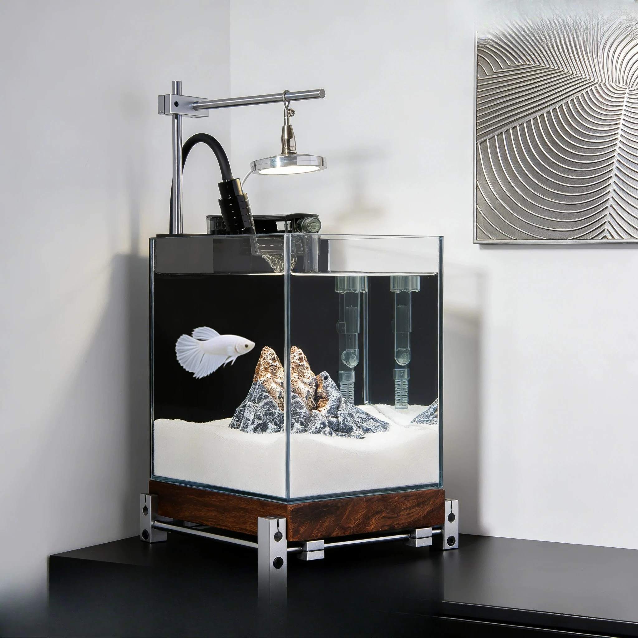 Small mini betta tank Thai betta special ultra-white glass snow mountain landscaping water-free ecological desktop ornament
