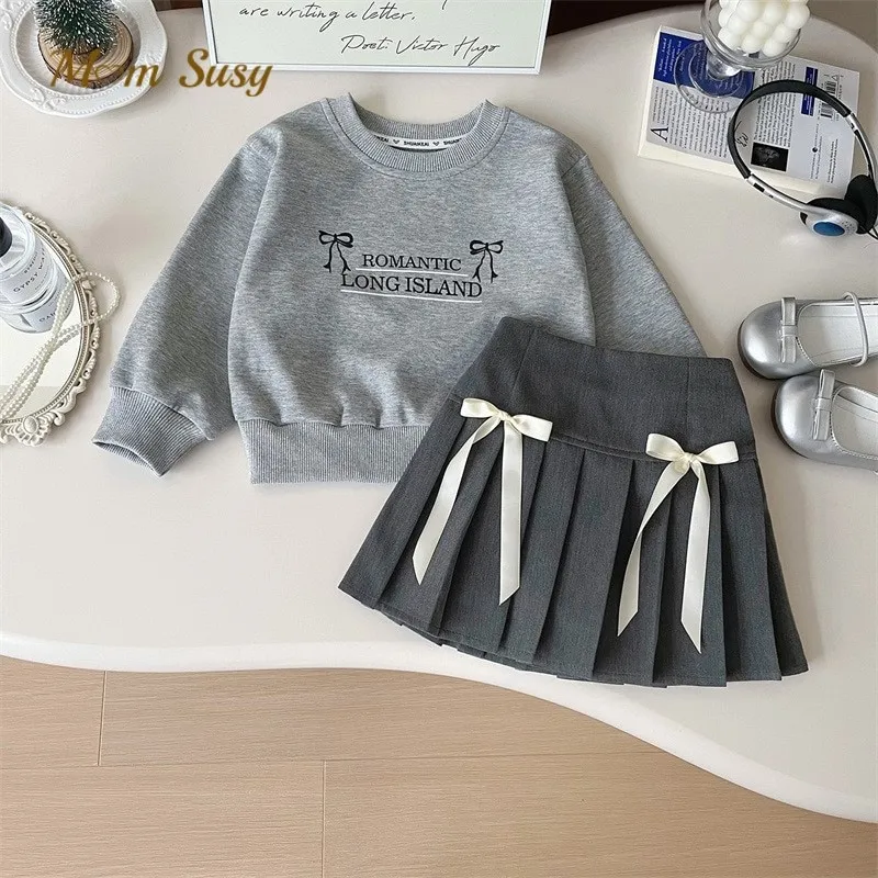 Fashion Baby Girl Cotton Bow Clothes Set Sweatshirt+Pleated Skirt 2PCS Infant Toddler Child School Suit Baby Clothes 1-10Y