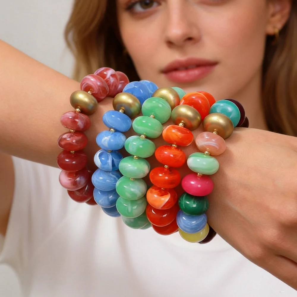 Boho Colorful Abacus Elastic Beaded Bracelet for Women Fashion Stack Resin Acrylic Flat Circle Golden Spacer Bangle Jewelry Gift