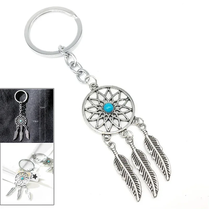 Dream Catcher Tone Key Chain Fashion Women Ladies Girl Gift Silver Ring Tassels Feather Keyring Keychain