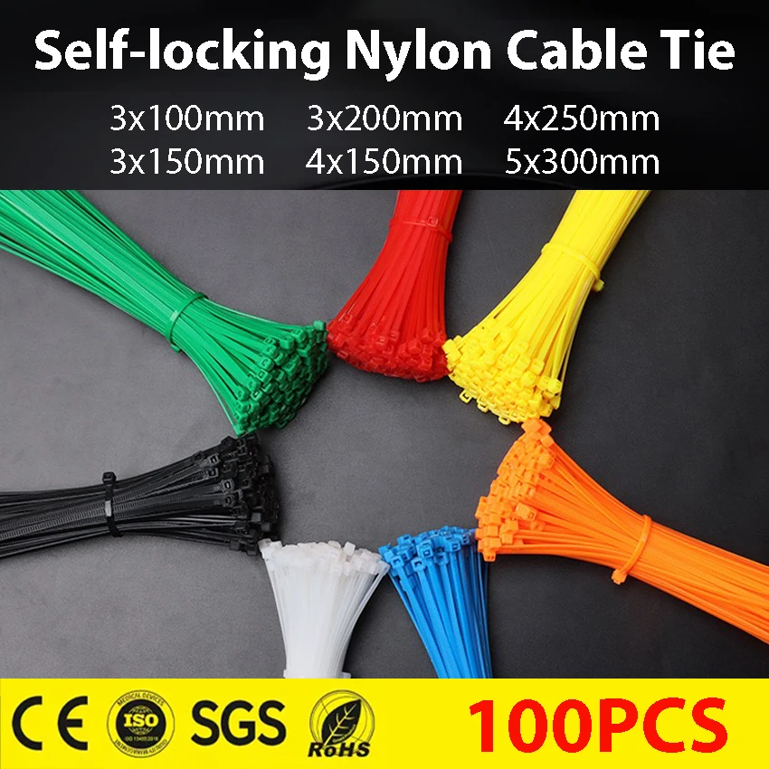 Самоблокирующийся пластиковый нейлоновый стяжка, 100 шт., черный, 5x300, крепежное кольцо для кабельной стяжки, 4x250, кабельный стяжка на молнии, набор нейлоновых кабельных стяжек